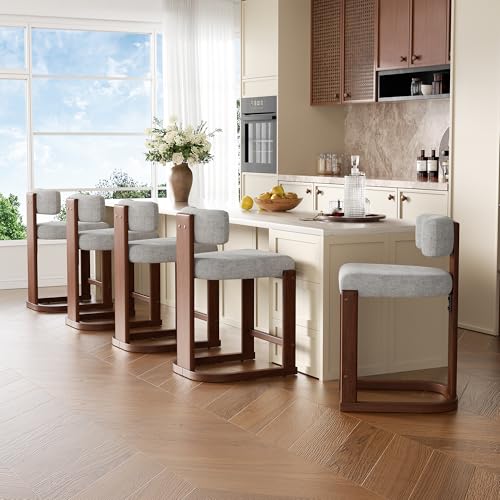 Image of Bar Stools Set of 2, Upholstered Counter Height Bar Stools, Mid Century Modern Counter Stools with Curved Backrest, Solid Wood Legs, 26 inch Bar Chairs for Kitchen Island Bar, Light Grey