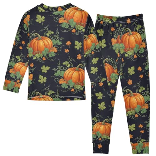 Pajama Sets Long Sleeve Pumpkin Green Leaves Pattern Soft Comfy Sleepwear 2 Piece PJS 3-8T3