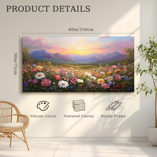 crmotu Landscape Wall Art, Oversized Wall Art, Floral Wall Decor, Mountain Flower Sunset Oil Paintings, Vibrant Scenic Pictures Wall Decor Living Room Bedroom Hallway Farmhouse Canvas Prints 30x60inch