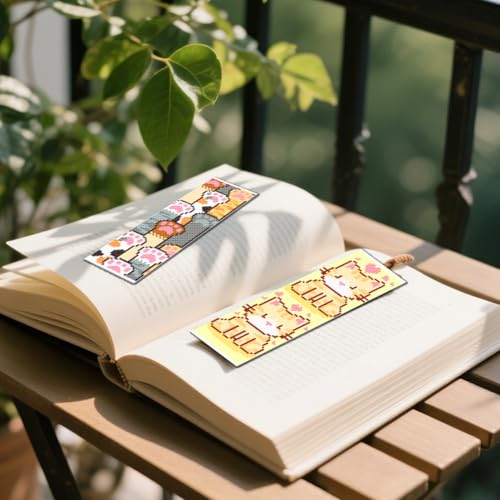 Image of FREEBLOSS 6 Set Cross Stitch Bookmark Kit 11 CT Stamped Cross Stitch Kit DIY Embroidery Bookmark Kits for Adult Beginners with Instructions, Little Cartoon Cat, 6 x 20 cm /8 inch x 2.4 inch