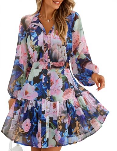 ZESICA Womens Fall Floral Mini Dress 2025 Long Sleeve Button Down Chiffon A Line Flowy Short Shirt Dresses with Belt Dark Blue Medium