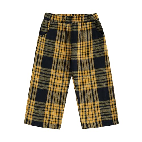 Toddler Baby Boy Girl Gingham Pants Retro Flannel Plaid Pants Fall Winter Elastic Waist Long Trousers with Pockets (Yellow, 4-5 Years)