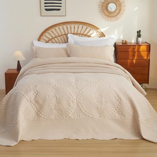 Image of EVENHUG Oversized King Bedspreads California King Quilt Set with Pillow Shams Extra Wide Large King Size Quilts Lightweight Coverlet Bedding Sets Beige 120 inchx128 inch