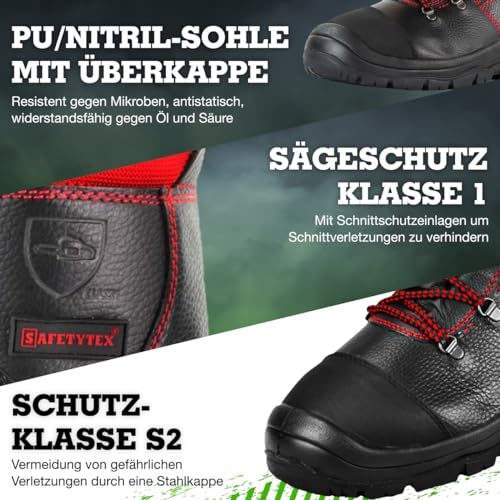 Foto von Safetytex Forst-Schnürstiefel - Forststiefel Sägeschutzklasse 1 - Kettensägen Schnittschutzstiefel - Waldarbeiterstiefel Schwarz/Rot - Leder Forst Schnürstiefel - Gr. 43