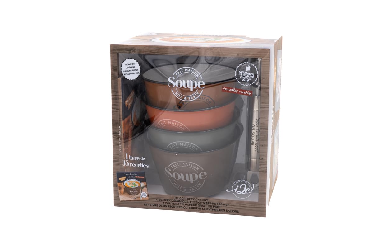 Coffret Ce soir, on soupe ! 2024: Avec 4 bols en céramique, finition mate de 500 ml, 1 couteau éplucheur gravé en inox et 1 livre de 35 recettes qui suivent le rythme des saisons