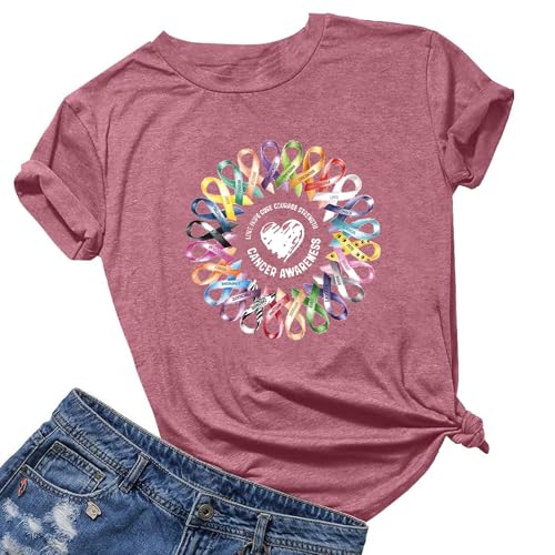 Breast Cancer Shirts for Women Cancer Awareness Shirt Cancer Shirts Colorful Ribbon Sunflower Cancer Warrior Tee Top