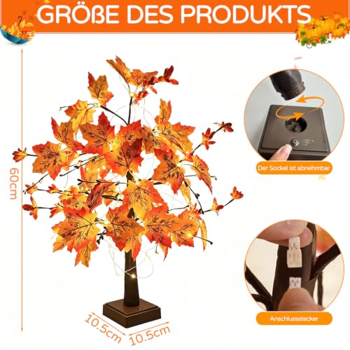 Herbstdeko Lichterbaum Für Innen mit Lichterketten und 24 LEDs, Ahornblatt Baum Lichter Herbst Deko Beleuchtung mit Timer und Für Tisch… – Ansicht 2