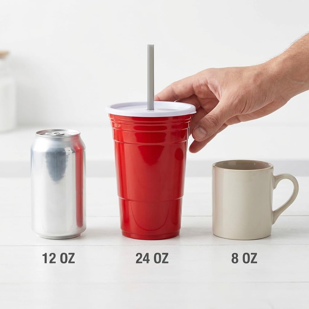 Amazon.com: Red Cup Living Reusable Red Plastic Cups - 24 oz Party Cups  With Lid and Straw - Extra Sturdy Red Beer Pong Cups- BPA Free and Washable  - The Ideal Large