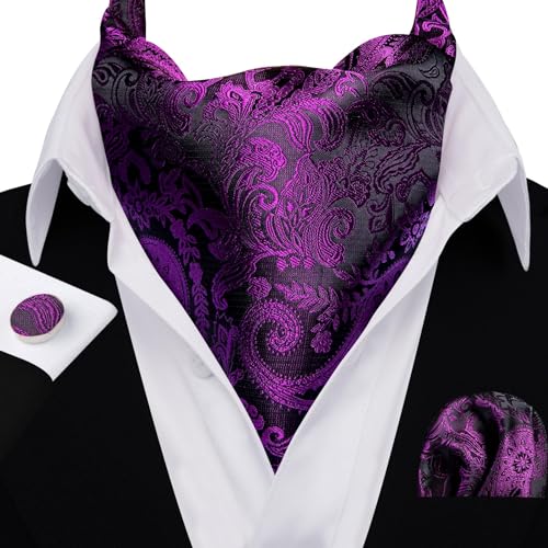 Image of Barry.Wang Ascot Ties Cravat Tie Men Paisley Plaid Scarf Self Tie Pocket Square Cufflinks Set Wedding Party