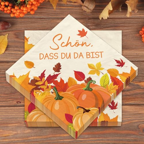 Herbst Servietten 40 Stück – Papierservietten mit Ahornblättern & Kürbissen – Schön, dass Du da bist– Tischdeko für Herbst, Hochzeit, Geburtstag, Party & Thanksgiving, Herbstdeko Innen Aesthetic