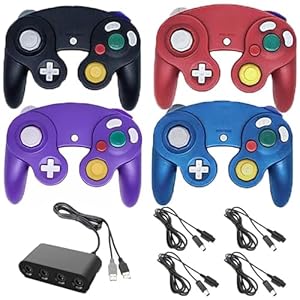Poulep 4 Pack Wired Gamecube Controllers with 4 Port USB Adapter and 4 Pcs Extension Cord Set for Game Cube, Switch, WII, Wii U Console, PC (Black Purple Red Blue)
