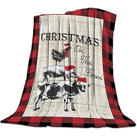 Xmas Farm Animals Flannel Fleece Blanket 50"x60" Chicken Pig Cow Red Black Buffalo Check Plaid Holiday TV Blanket Lightweight Super Soft Warm Comfy Plush Winter Bedding Couch Cabin Throw Blankets Cover