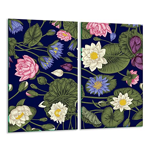 TMK | Herdabdeckplatten ceranfeld 2 Teilig 30x52 cm | Ceranfeldabdeckung Küche Elektroherd Induktion | Herdschutz Spritzschutz | Glasplatte Schneidebrett | Blumen