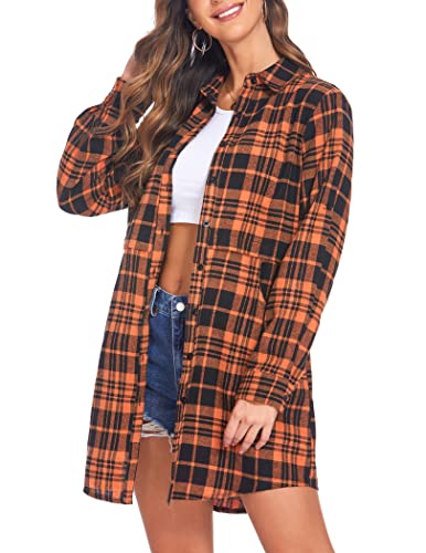 HOTOUCH Womens Flannel Plaid Shirts Roll Up Long Sleeve Mid-Long Casual Boyfriend Shirts with Pockets4