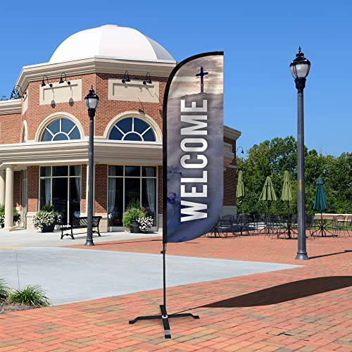 Image of LookOurWay Feather Flag Set - 5ft Tall Advertising Banner Flag with Pole Kit and X-Stand for Business Promotion - Welcome Church