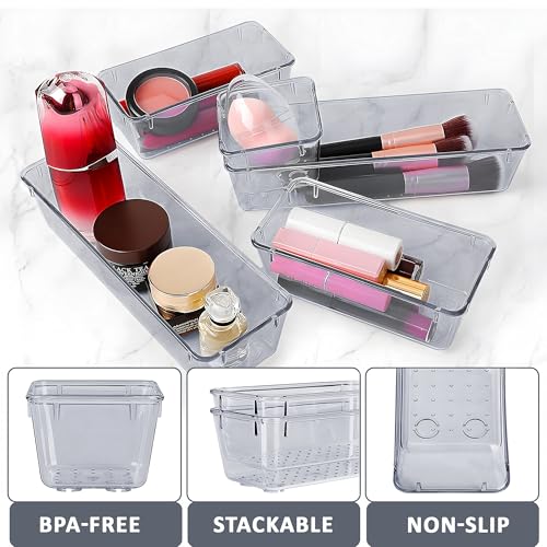 Image of Kuber Industries Acrylic Set of 42 Transparent Cosmetic Organizer Tray | Drawers Organisers for Kitchen, Office and Bathroom Vanity Makeup | Stationery Storage Drawer Divider Tray | Black