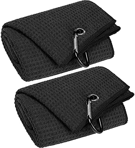 VIVIDLY 2 Pack 16" x 24" Tri-fold Golf Towels, Premium Microfiber Fabric Waffle Pattern with Black Heavy Duty Carabiner Clip, Black Golf Towels for Golf Bags for Men (Black)