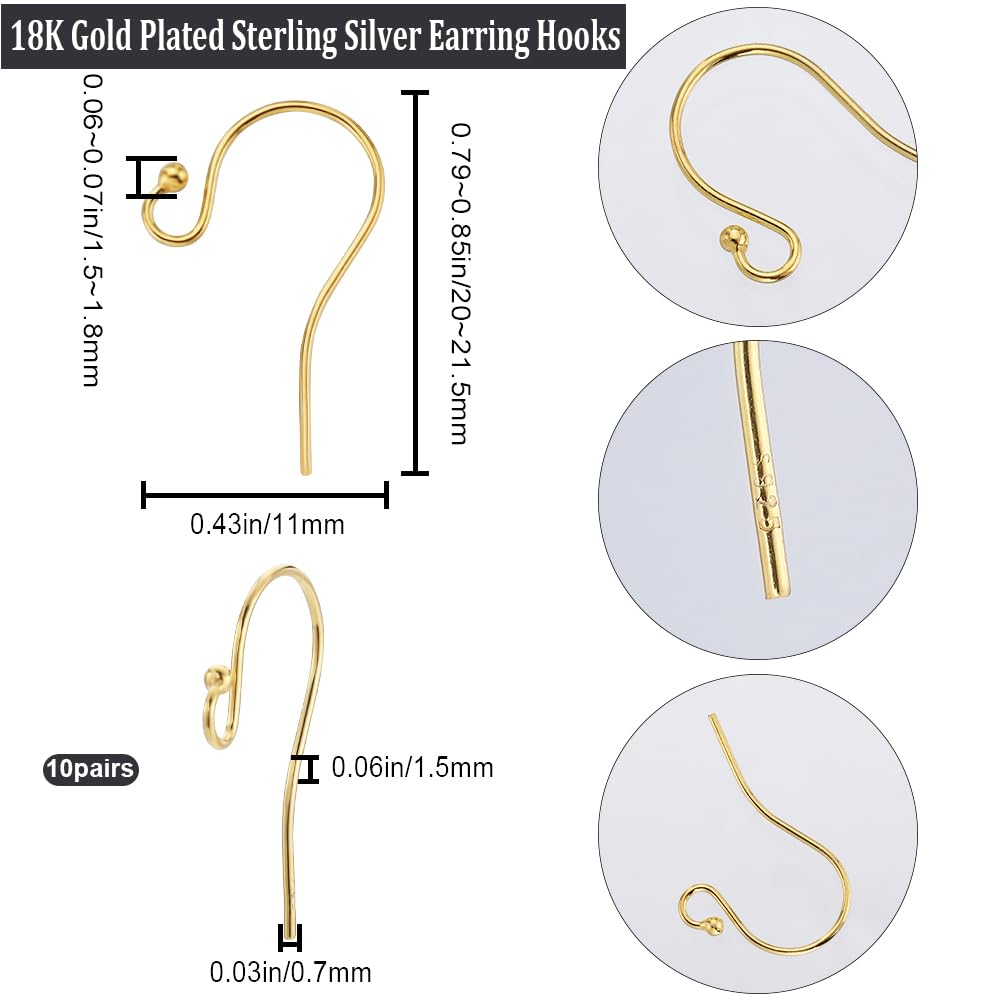 Beebeecraft 1 Box 20Pcs Gold Fish Hook Ear Wires 18K Gold Plated Sterling Silver French Earring Hooks with Ball Dot for Earrings Jewellery Making DIY Craft (Wire 0.7mm/21 Gauge/0.028 inch) - Image 2