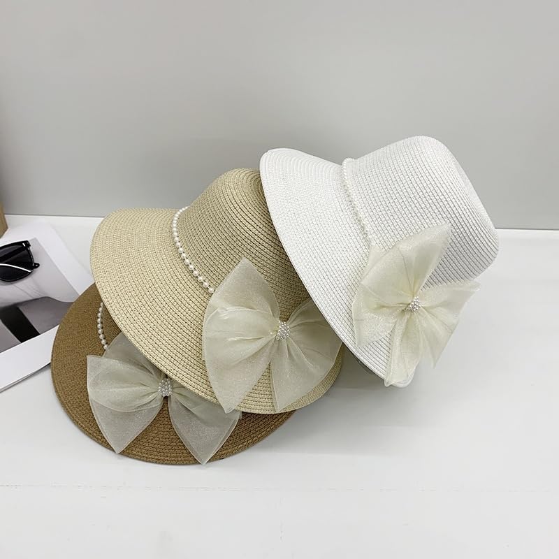 Sombrero de ala Ancha para Mujer,Plegable,de Paja,con Lazo de Perla,Ajustable,Ligero y Transpirable,para Playa,para Caminar,Pescar y Viajar