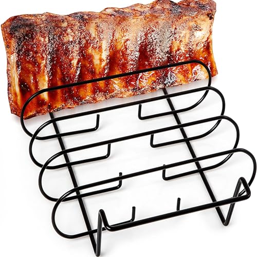 Mountain GRILLERS Spare Ribs Halter für Smoker - BBQ Rib Rack für Gas- oder Kohlegrill - Antihaftbeschichtete Sparerips Halterung zum Grillen und Barbecue - Für 5 Baby-Rippchen - Schwarz