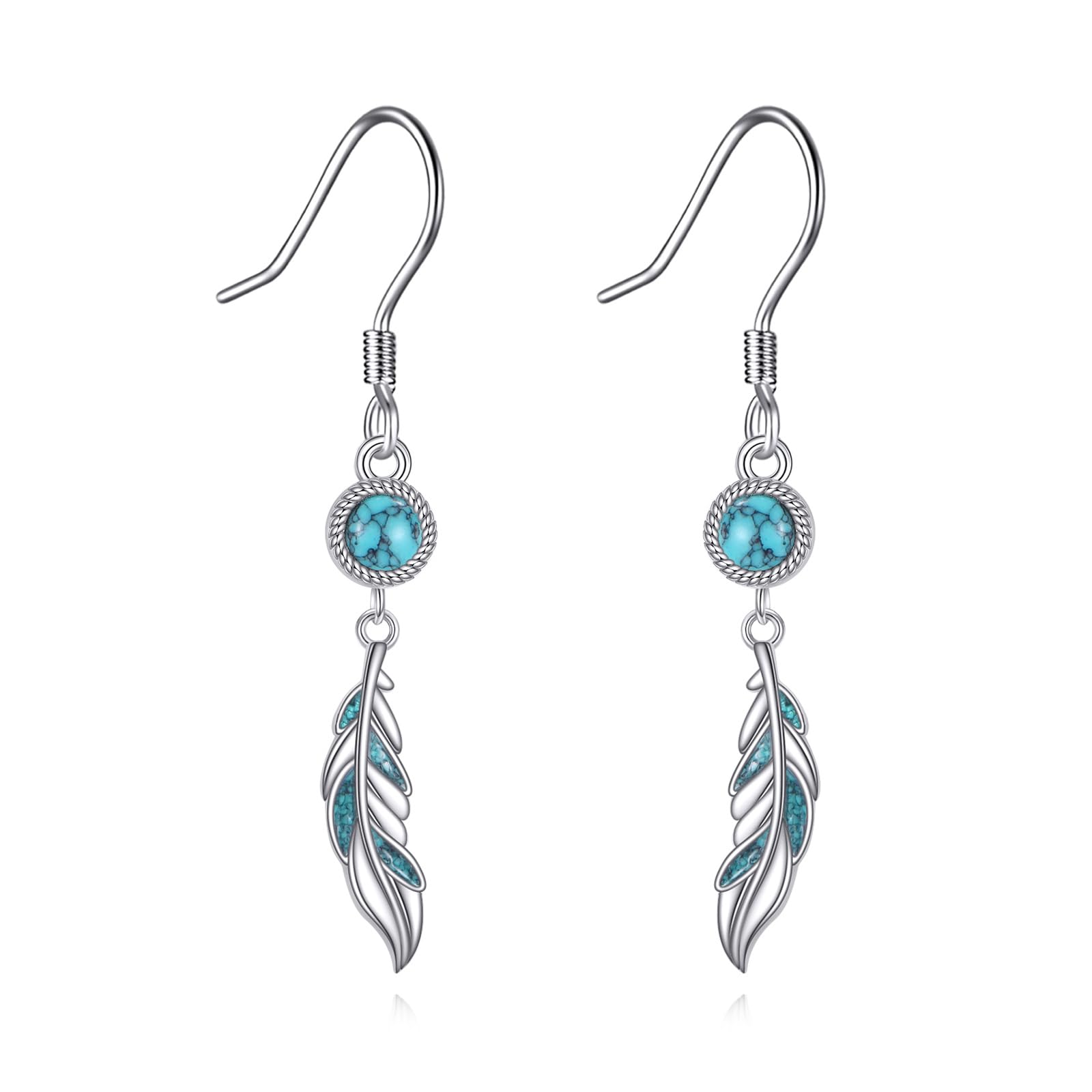 Orecchini a forma di piuma, in argento Sterling 925, con piuma, colore turchese, Argento sterling, Nessuna pietra preziosa