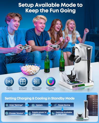 Image of PS5 /Slim /Pro Cooling Station, PS5 Stand with Wireless Phone Charger & DualSense & Edge Controller Dock, 2.5H Fast Charging Base for 2 Controllers, 3‑Speed Fan, 9-Color RGB PS5 Vertical Stand