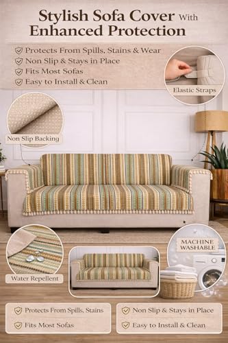 Image of Gifts Island 3 Seater Cotton Sofa Cover Mat | Anti Slip Sofa Cover Throw | All Over Furniture Protector with Elastic Straps | Washable Couch Cover for Living Room (Brown, 3 Seater)
