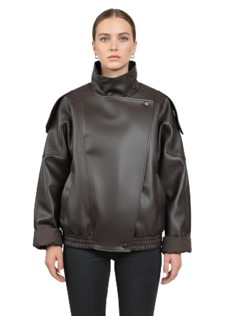 Blouson Biker Oversize en Similicuir Grainé, Col Montant, Style Perfecto