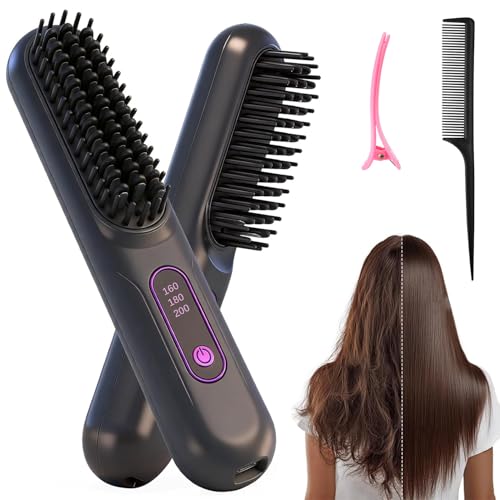 Glättbürste Kabellos, Stylingbürste Für Kurze Langes Haare, Haarglätter Bürste Kabellos mit 3 Wärmestufen, Wiederaufladbare Hair Straightener für Reisen und Täglichen für Damen Mädchen