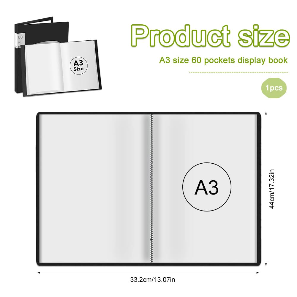 A3 Display Book Project Folder, 60 Pockets Presentation Portfolio Folders, A3 Report Document File Organiser Holder for Documents Certificates Receipts - Black - Image 3