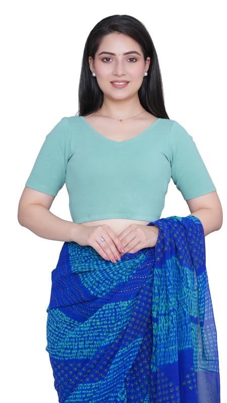 Image of Mlada V-Neck Stretchable Saree Blouse Top for Women | Slim Fit Short Sleeves Solid Cotton Blouses | Readymade Saree Blouses for Women Festive & Ethnic | Blouse Crop Top