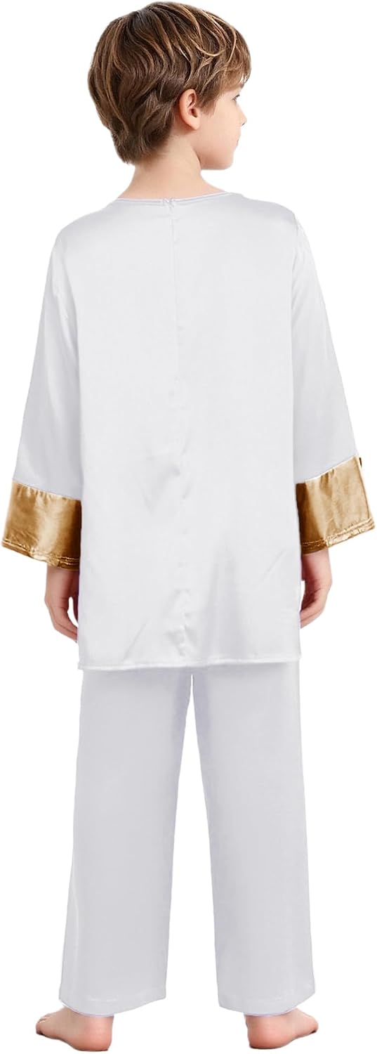 Kids Boys Satin Praise Dance Outfit Worship Pullover Top and Wide Leg Pants Church Liturgical Dancewear