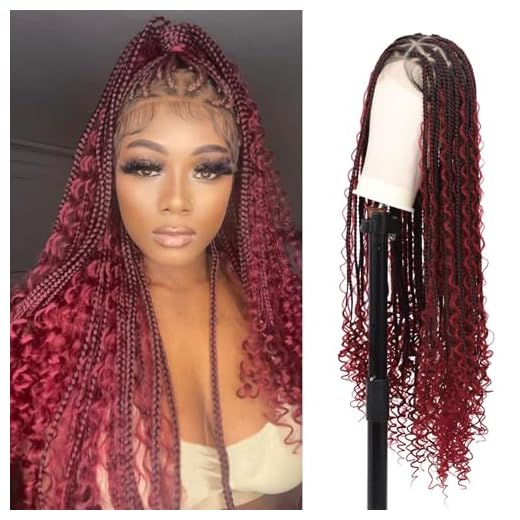 Olymei 36 Inches Full Double Lace Front Triangle Knotless Box Braided Wigs With Boho Curls Box Braids Wig With Baby Hair For Women Burgundy Synthetic Lace Frontal Braid Wigs(Curly)