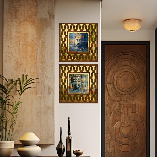 Image of Wooden Buddha Art Mirror Wall Decor Panel for Home Decor Living Room Bed Room Office (AD2, 12X12 Inches, Set of 2)