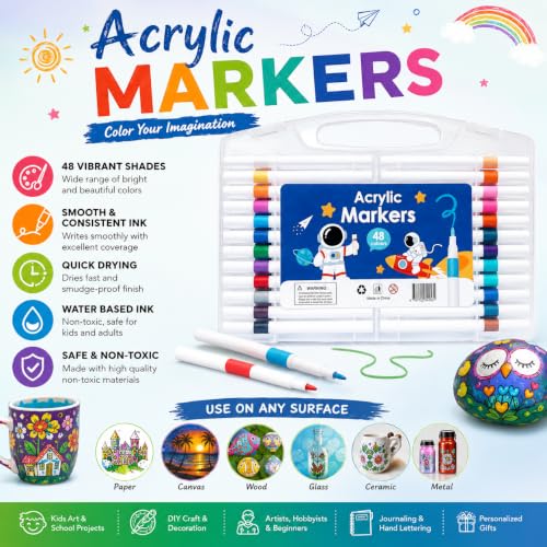 Image of Professional Acrylic Paint Markers Set, 48 Vibrant Colours, Brush Tip, Water-Based, Non-Toxic, for Rock Painting, Canvas, Glass, Wood, School Projects, with Portable Storage Case
