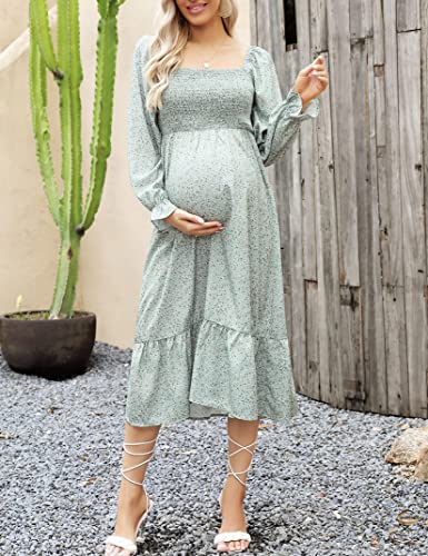 Coolmee Women's Maternity Long Sleeve Square Neck Fall Ruffle Dress Smocked Casual Flowy Maxi Dress Baby Shower Photoshoot Long Sleeve Light Green Floral L #TOP4