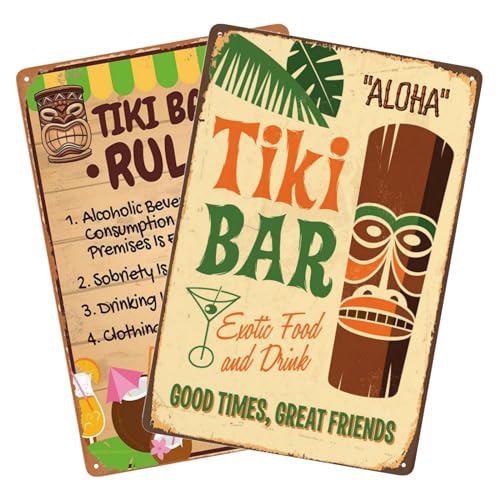 Tiki Bar and Tiki Bar Rules Vintage Metal Sign, Retro Tin Sign Aloha Hawaii Posters for Man Cave Bar Garage Pubs Hotel Wall Art Decor Gift 8 x 12 Inch