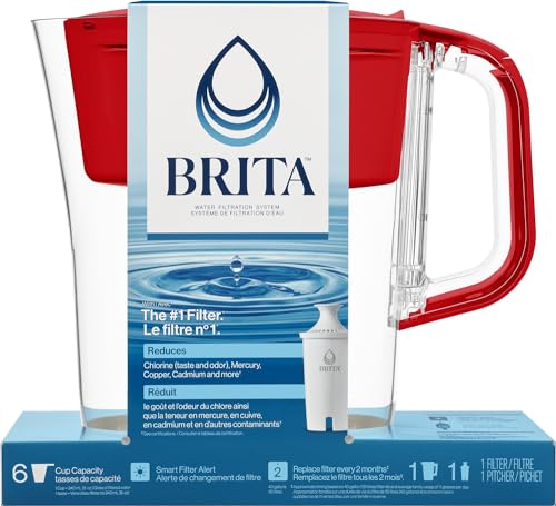 Brita 6 Filtre à tasse avec indicateur de lumière intelligent, réduit le goût et l'odeur du chlore de l'eau du robinet, filtres 151 Litres, Denali, Rouge