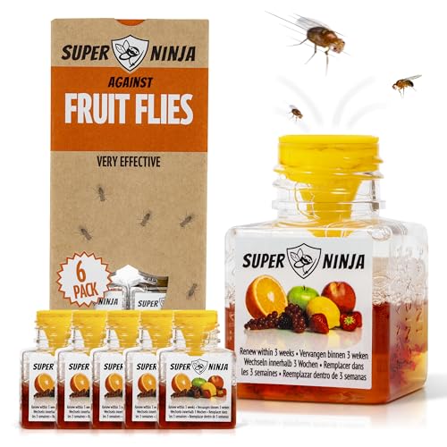 Super Ninja Fruit Fly Trap - 6 pack, Highly Effective Fruit Fly Killer for Home & Kitchen, Up to 3 Weeks of Performance per Bottle, Child & Pet Friendly