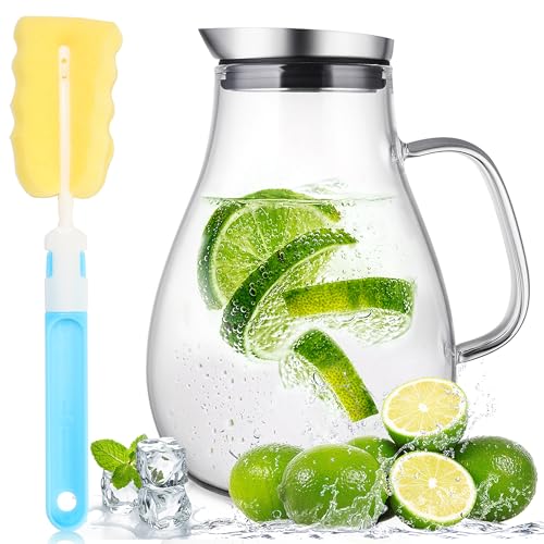 SUSTEAS 2 Liter Glass Pitcher, Water Pitcher with Removable Lid And Wide Handle, Easy Clean Juice Jug for Fridge, Beverage Carafe for Cold/Hot Water, Iced Tea, 1 Long-Handled Brush Included
