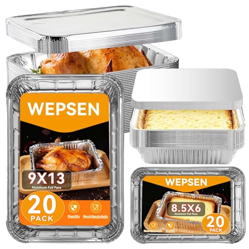 40 Pack Aluminum Pans with Lids 20 Large 9x13 Aluminum Pans Disposable (10 Thick Large Lids) & 20 Medium 8.5x6 Foil Pans (20 Foil Covers) Aluminum Trays with Lids for Baking Meal Prep Takeout