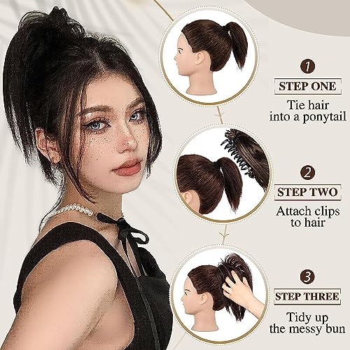 Claw Clip Messy Bun Hair Piece, Short Ponytail, Brown Tousled Updo, Straight Synthetic Chignon Hair Bun Extensions For Women - Image 3