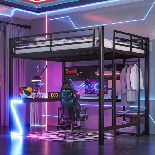Image of Bellemave Queen Size Metal Loft Bed with L-Shaped Desk, Z-Shaped LED Lights & Charging Station, Heavy Duty Loft Bed Frame with Hanging Rod for Kids, Teens & Adults, Space Saving,Black
