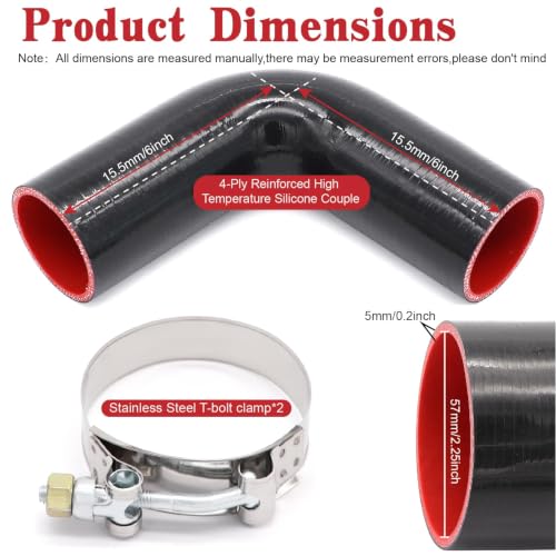 Image of 90 Degree Elbow Coupler Silicone Hose 4-Ply 2.25-inch(57mm) for Turbo /Intercooler /Intake Piping,Length 120mm Thickness 5mm with T-Bolt Clamp