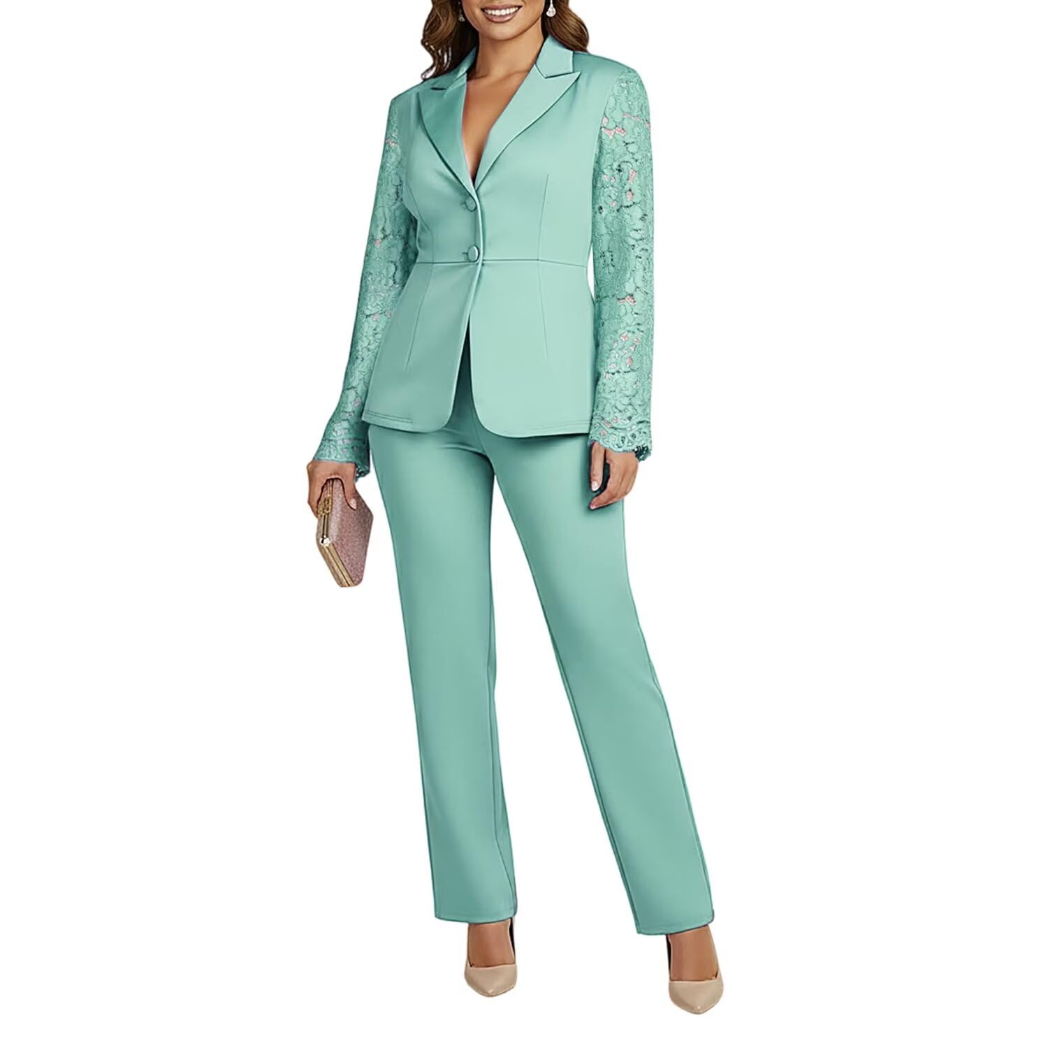 Womens Two Piece Lace Patchwork Long Sleeve Blazer Pants Suit Sets Business Office Work Outfits
