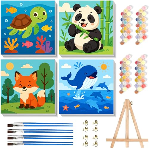 Arttoplus 4 Pack Paint by Numbers Kit for Kids with Frame,Cute Animals Kids Paint by Numbers Ages 4-6-8 with Wooden Easel,Easy DIY Acrylic Oil...