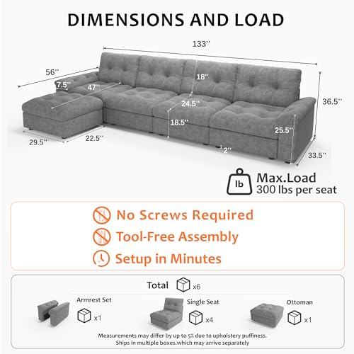 Image of Oversized Modular Sectional Sofa with Storage, Modern Deep Seat Cloud Couch for Living Room, L-Shaped Large Sectional Couch, 4 Seater with Ottoman, Gray