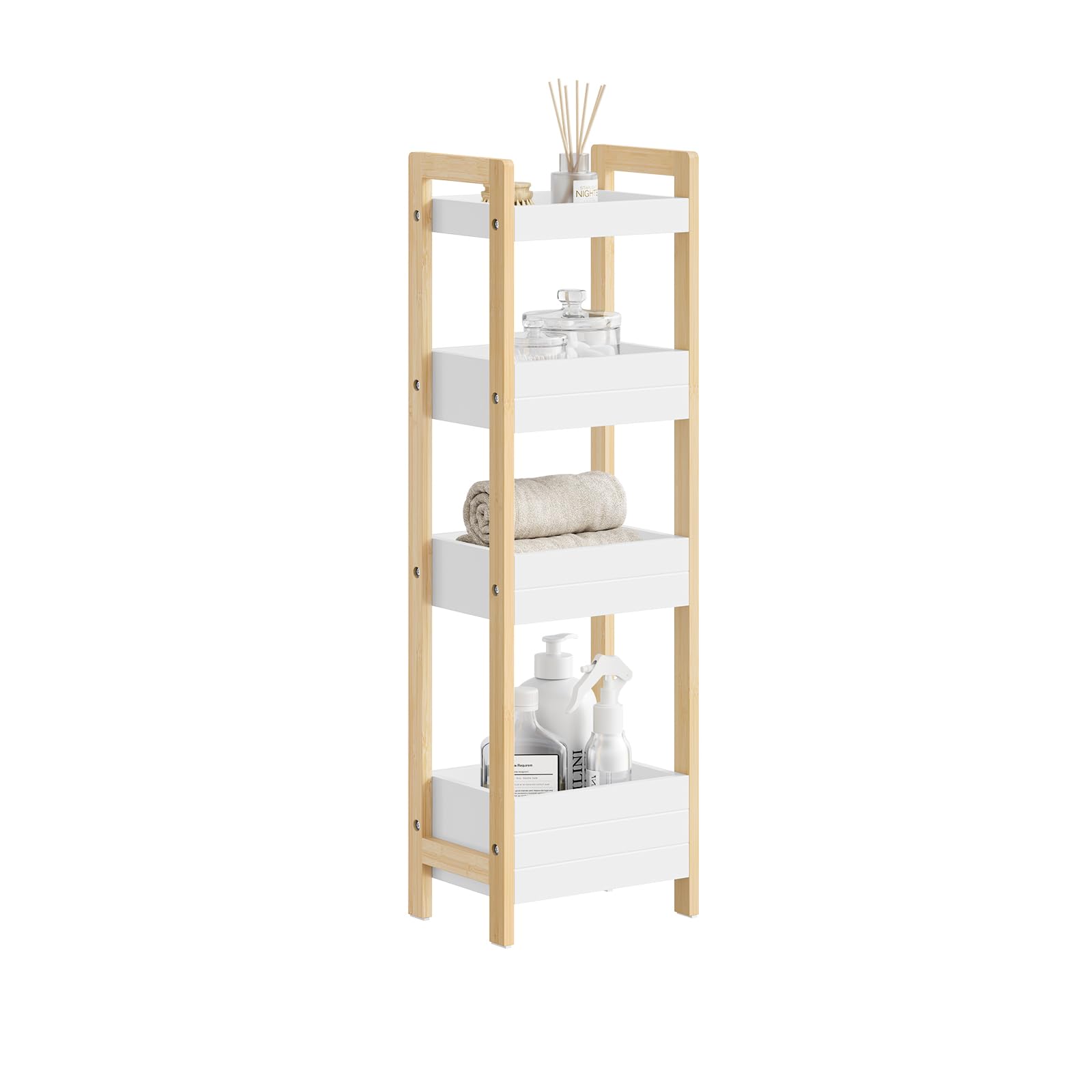 SoBuy Slim Bathroom Shelves Freestanding, Narrow Tall Bathroom Organiser with 4 Shelves, Wooden Storage Cupboard for Kitchen, W28 x D20x H90 cm, Natural & White, FRG226-H-WN โ image 1