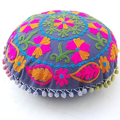 Indacorify Traditional Jaipur Boho Throw Round Suzani Pillow Covers, Embroidered Cushion Covers 16", Decorative Throw Pillow Cases, Indian Pom Pom Outdoor Cushions, Boho Pillow Shams