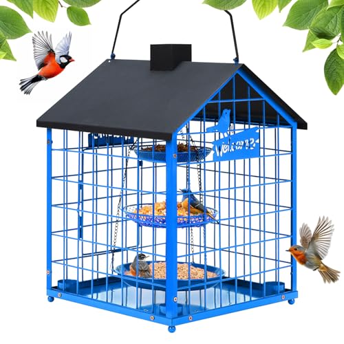 Maansfy Bird Feeders for Outdoors Metal Bluebirds Bird Feeder Huge Caged Squirrel-Proof Bird Feeders with 4 Cups DIY Wild Bird Feeders Outdoor Hanging Attract Small Birds 3 Layer Seed Tray (Blue)